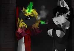 Size: 3000x2065 | Tagged: safe, artist:mediasmile666, oc, oc only, pony, cigarette, crossed hooves, duo, female, high res, magic, mare, smoking, telekinesis