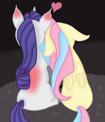 Size: 400x468 | Tagged: safe, artist:artiststr, fluttershy, rarity, pegasus, pony, unicorn, ashes town, fallout equestria, g4, fallout, female, grass, heart, lesbian, love, mare, ministry mares, ministry of image, ministry of peace, pink cloud (fo:e), prosthetics, ship:flarity, shipping, sitting