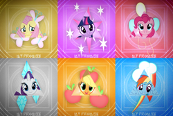 Size: 7200x4800 | Tagged: safe, artist:wooshy, applejack, fluttershy, pinkie pie, rainbow dash, rarity, twilight sparkle, pony, g4, abstract background, absurd resolution, bust, cutie mark, earth wind & fire, looking at you, mane six, portrait, smiling