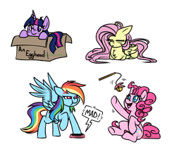 Size: 2555x2200 | Tagged: safe, artist:greenmaneheart, fluttershy, pinkie pie, rainbow dash, twilight sparkle, ambiguous race, earth pony, pegasus, pony, g4, behaving like a cat, box, button, cat toy, chibi, cross-popping veins, floppy ears, high res, lying down, pony in a box, ponyloaf, prone, simple background, transparent background, twilight cat