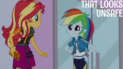 Size: 1280x720 | Tagged: safe, edit, edited screencap, editor:quoterific, screencap, rainbow dash, sunset shimmer, a fine line, equestria girls, equestria girls series, g4, cellphone, clothes, cutie mark, cutie mark on clothes, duo, duo female, female, geode of super speed, hand on hip, hoodie, jacket, jewelry, leather, leather jacket, magical geodes, necklace, phone, smartphone, smiling