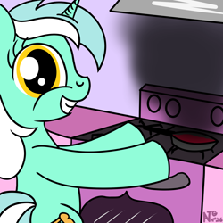 Size: 2000x2000 | Tagged: safe, artist:dafiltafish, lyra heartstrings, pony, unicorn, g4, atg 2021, bipedal, cooking, female, frying pan, high res, looking at you, looking back, looking back at you, newbie artist training grounds, solo, teeth