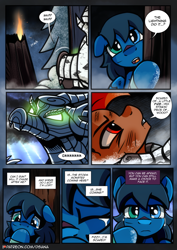 Size: 2480x3508 | Tagged: safe, artist:dsana, oc, oc:lullaby dusk, oc:rust wing, pegasus, pony, timber wolf, comic:a storm's lullaby, bandaged leg, comic, crying, determination, female, filly, glowing eyes, hiding, high res, male, stallion, storm