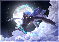 Size: 5788x4093 | Tagged: safe, artist:artistgenepal, princess luna, alicorn, pony, g4, absurd resolution, canterlot, cloud, eyebrows, eyebrows visible through hair, eyes closed, featured image, female, flying, full moon, glowing horn, happy, horn, majestic, mare, moon, open mouth, open smile, smiling, solo, spread wings, unshorn fetlocks, wings