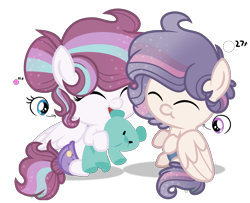 Size: 2412x1956 | Tagged: safe, artist:cheekycheesefan101, oc, oc:marble starlight, oc:starry berry, pony, baby, baby pony, diaper, offspring, parent:pound cake, parent:princess flurry heart, parents:poundflurry, plushie, siblings, simple background, teddy bear, transparent background, twins