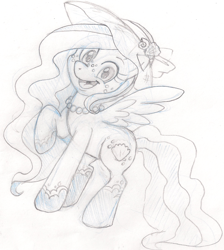 Size: 1185x1321 | Tagged: safe, artist:scittykitty, oc, oc only, oc:seafoam, pegasus, pony, :d, hat, jewelry, lineart, monochrome, necklace, pearl necklace, pegasus oc, raised hoof, sun hat, traditional art, wings