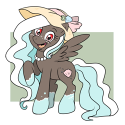 Size: 1116x1118 | Tagged: safe, alternate version, artist:scittykitty, oc, oc only, oc:seafoam, pegasus, pony, :d, abstract background, coat markings, colored, eyelashes, female, hat, jewelry, mare, necklace, pearl necklace, pegasus oc, raised hoof, socks (coat markings), sun hat, wings