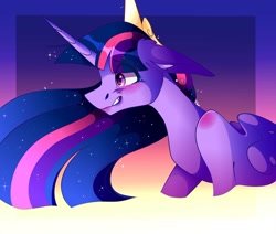 Size: 1080x915 | Tagged: safe, artist:tessa_key_, twilight sparkle, alicorn, pony, g4, the last problem, abstract background, bust, ethereal mane, female, horn, jewelry, mare, older, older twilight, older twilight sparkle (alicorn), princess twilight 2.0, smiling, solo, starry mane, tiara, twilight sparkle (alicorn), wings