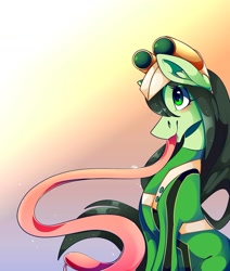 Size: 1080x1275 | Tagged: safe, artist:tessa_key_, earth pony, pony, abstract background, clothes, female, goggles, mare, my hero academia, ponified, prehensile tongue, smiling, solo, tongue out, tsuyu asui