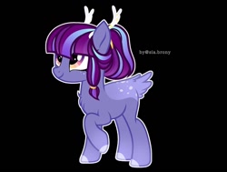 Size: 1080x817 | Tagged: safe, artist:sia.brony, oc, oc only, deer, deer pony, original species, pony, antlers, black background, chest fluff, colored hooves, looking up, raised hoof, simple background