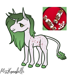 Size: 810x816 | Tagged: safe, artist:misskanabelle, oc, oc only, pony, unicorn, christmas cracker, colored hooves, curved horn, female, horn, leonine tail, mare, signature, simple background, unicorn oc, white background