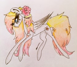 Size: 2446x2118 | Tagged: safe, artist:beamybutt, oc, oc only, pegasus, pony, eyelashes, female, flower, flower in hair, high res, mare, pegasus oc, signature, traditional art, wings