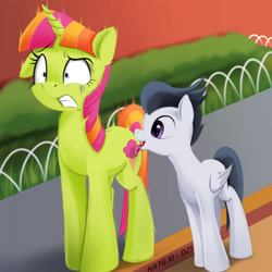 Size: 2000x2000 | Tagged: safe, artist:darksly, rumble, sweetcream scoops, pegasus, pony, unicorn, g4, atg 2021, cutie mark licking, duo, high res, licking, newbie artist training grounds, outdoors, surprised, tongue out