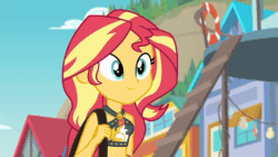 Size: 800x450 | Tagged: safe, screencap, sunset shimmer, equestria girls, equestria girls specials, g4, my little pony equestria girls: better together, my little pony equestria girls: forgotten friendship, adorasexy, animated, bare shoulders, beach, belly button, bikini, blinking, clothes, cute, eyes closed, female, geode of empathy, gif, magical geodes, sexy, shimmerbetes, sleeveless, smiling, solo, swimsuit, teeth, walking