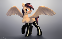 Size: 3000x1900 | Tagged: safe, artist:shido-tara, oc, oc only, oc:kuri, pegasus, pony, blushing, clothes, commission, female, latex, latex socks, looking at you, mare, simple background, smiling, socks, solo, spread wings, wings