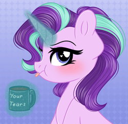 Size: 2929x2836 | Tagged: safe, artist:emberslament, starlight glimmer, pony, unicorn, g4, blushing, coffee, cute, female, grumpy, heart, heart eyes, high res, levitation, looking at you, magic, mare, mug, puffy cheeks, simple background, solo, telekinesis, tongue out, wingding eyes