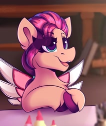 Size: 1274x1500 | Tagged: safe, artist:shadowreindeer, sunny starscout, earth pony, pony, g5, chest fluff, cute, eyelashes, fake wings, female, filly, filly sunny starscout, open mouth, solo, sunnybetes, table, unshorn fetlocks