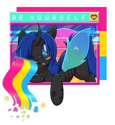 Size: 2448x2644 | Tagged: safe, artist:wavecipher, part of a set, oc, oc only, oc:swift dawn, changeling, pony, blue changeling, blue eyes, changeling oc, commission, eyebrows, eyebrows visible through hair, face paint, flag, heart, heart eyes, high res, horn, looking at you, male, microsoft, microsoft windows, pansexual pride flag, pride, pride flag, signature, simple background, solo, stallion, transparent background, vaporwave, watermark, webcore, windows 98, wingding eyes, wingdings, wings, ych result