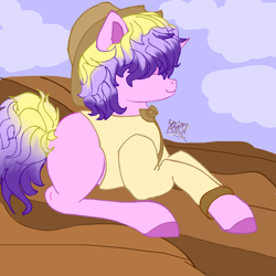 Size: 3000x3000 | Tagged: safe, artist:umbrapone, oc, oc:cordinalane, pony, unicorn, bowtie, clothes, cowboy hat, gradient mane, gradient tail, hat, high res, messy mane, messy tail, ponyloaf, shirt, sitting, solo, stetson