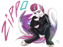 Size: 1024x768 | Tagged: safe, artist:raychelrage, zipp storm, pegasus, pony, g5, amogus, among us, cigarette, clothes, feather, female, gopnik, hoodie, lighter, mare, meme, pants, signature, simple background, slav squat, smoking, solo, spread wings, sweater, text, tracksuit, white background, wing hands, wings, zippo