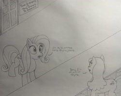 Size: 3707x2941 | Tagged: safe, artist:doodledonutart, fluttershy, oc, oc:honey blossom, pony, g4, atg 2021, high res, monochrome, newbie artist training grounds, pun, traditional art