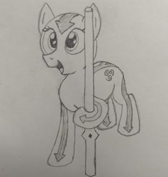 Size: 2744x2889 | Tagged: safe, artist:doodledonutart, pony, aang, atg 2021, avatar the last airbender, high res, monochrome, newbie artist training grounds, ponified, solo, staff, traditional art