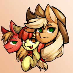 Size: 1764x1764 | Tagged: safe, artist:kyouman1010, apple bloom, applejack, big macintosh, earth pony, pony, g4, apple siblings, apple sisters, brother and sister, bust, female, filly, gradient background, male, mare, siblings, sisters, stallion