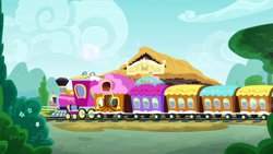 Size: 1280x720 | Tagged: safe, screencap, dungeons and discords, g4, background, bush, cloud, day, friendship express, no pony, ponyville, ponyville train station, scenic ponyville, tree
