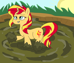 Size: 1400x1200 | Tagged: safe, artist:amateur-draw, sunset shimmer, pony, unicorn, g4, cutie mark, female, grin, mare, mud, mud bath, mud play, muddy, muddy hooves, smiling, wet and messy