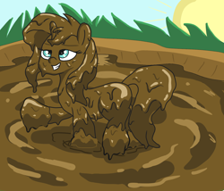 Size: 1400x1200 | Tagged: safe, alternate version, artist:amateur-draw, pony, covered in mud, female, grin, mare, mud, mud bath, mud play, muddy, smiling, solo, wet and messy