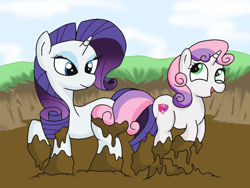 Size: 1600x1200 | Tagged: safe, artist:amateur-draw, rarity, sweetie belle, pony, unicorn, g4, female, filly, mare, mud, mud bath, mud play, muddy, open mouth, open smile, smiling, wet and messy