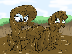 Size: 1600x1200 | Tagged: safe, alternate version, artist:amateur-draw, rarity, sweetie belle, pony, unicorn, g4, covered in mud, female, mare, mud, mud bath, mud play, mud pony, muddy, open mouth, open smile, smiling, wet and messy