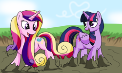 Size: 2000x1200 | Tagged: safe, artist:amateur-draw, princess cadance, twilight sparkle, alicorn, pony, g4, duo, female, mare, mud, mud bath, mud play, muddy, muddy hooves, open mouth, open smile, sisters-in-law, smiling, twilight sparkle (alicorn), wet and messy