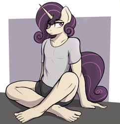 Size: 1668x1722 | Tagged: safe, artist:czu, oc, oc:charm, unicorn, anthro, plantigrade anthro, clothes, crossed legs, feet, male, shirt, underwear