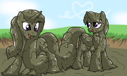 Size: 2000x1200 | Tagged: safe, alternate version, artist:amateur-draw, princess cadance, twilight sparkle, alicorn, pony, g4, covered in mud, duo, female, mare, mud, mud bath, mud play, mud pony, muddy, open mouth, open smile, sisters-in-law, smiling, twilight sparkle (alicorn), wet and messy