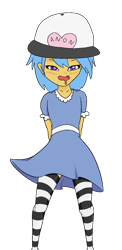 Size: 603x1236 | Tagged: safe, artist:happy harvey, oc, oc:little league, human, equestria girls, g4, blushing, clothes, colored pupils, dress, drool, female, hands behind back, hat, looking at you, looking down, phone drawing, socks, striped socks