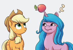 Size: 2170x1500 | Tagged: safe, artist:senpai sven pie, applejack, izzy moonbow, earth pony, pony, unicorn, g4, g5, apple, applejack's hat, cowboy hat, duo, duo female, eyebrows, female, food, fruit, hat, horn, horn impalement, izzy impaling things, mare, missing cutie mark, question mark, scrunchy face, simple background, white background