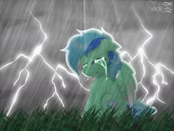 Size: 2000x1500 | Tagged: safe, artist:jadebreeze115, oc, oc only, oc:jade breeze, pegasus, pony, colored wings, crying, depressed, ethereal mane, eyes closed, gradient wings, grass, lightning, looking down, male, pegasus oc, rain, sad, solo, stallion, teeth, thunderstorm, wet, wet mane, wings