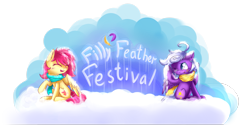 Size: 3365x1782 | Tagged: safe, artist:suplolnope, oc, oc only, pegasus, pony, banner, clothes, cloud, duo, eyes closed, feather, female, filly, one eye closed, raised hoof, scarf, sitting, smiling, snow, winter