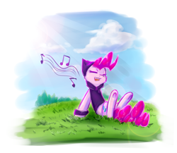 Size: 2631x2280 | Tagged: safe, artist:suplolnope, pinkie pie, earth pony, pony, g4, bracelet, clothes, cloud, crepuscular rays, eyes closed, female, grass, high res, hoodie, jewelry, lens flare, mare, music notes, open mouth, outdoors, ponk, singing, sky, solo