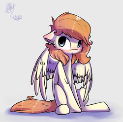 Size: 1713x1702 | Tagged: safe, artist:suplolnope, oc, oc only, pegasus, pony, blushing, gray background, male, signature, simple background, sitting, solo, spread wings, stallion, wings