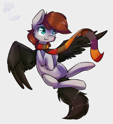 Size: 1665x1833 | Tagged: safe, artist:suplolnope, oc, oc only, pegasus, pony, clothes, colored wings, female, flying, gift art, gray background, mare, scarf, scrunchy face, signature, simple background, solo, spread wings, wings