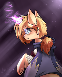 Size: 1243x1549 | Tagged: safe, artist:suplolnope, oc, oc only, pony, unicorn, bust, crepuscular rays, glowing horn, hairband, horn, looking at you, looking back, looking back at you, magic, raised hoof, signature, solo, underhoof