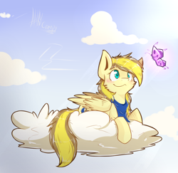 Size: 1260x1227 | Tagged: safe, artist:suplolnope, oc, oc only, butterfly, pegasus, pony, bandana, blushing, cloud, female, lying down, mare, paint tool sai, sky, smiling, solo