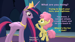 Size: 1920x1080 | Tagged: safe, artist:red4567, li'l cheese, twilight sparkle, alicorn, pony, g4, the last problem, 3d, atg 2021, auntie twilight, boing, castle, crown, cute, hallway, height difference, hoof shoes, jewelry, jumping, li'l cheesebetes, mama twilight, newbie artist training grounds, older, older twilight, older twilight sparkle (alicorn), peytral, princess twilight 2.0, reaching, regalia, size difference, source filmmaker, twilight sparkle (alicorn)