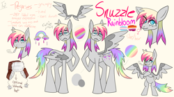 Size: 1800x1010 | Tagged: safe, artist:php163, oc, oc only, oc:snuzzle rainbloom, pegasus, pony, annoyed, blue eyes, cigarette, female, hat, lidded eyes, mare, pride flag, rainbow, reference sheet, simple background, smoking, solo, standing, ushanka, yellow background