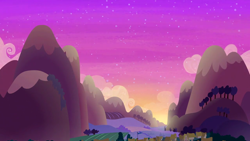 Size: 1280x720 | Tagged: safe, screencap, dungeons and discords, g4, background, cloud, mountain, no pony, ponyville, scenic ponyville, sunset, tree