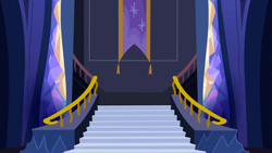 Size: 1280x720 | Tagged: safe, screencap, dungeons and discords, g4, background, banner, liminal space, no pony, scenic ponyville, stairs, twilight's castle