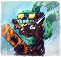 Size: 434x407 | Tagged: safe, artist:suplolnope, oc, oc only, pony, bust, clothes, goggles, hat, looking at you, scarf, signature, snow, snowboard, snowfall, winter