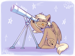 Size: 892x667 | Tagged: safe, artist:suplolnope, oc, oc only, pegasus, pony, one eye closed, signature, sitting, solo, spread wings, stargazing, telescope, tongue out, wings